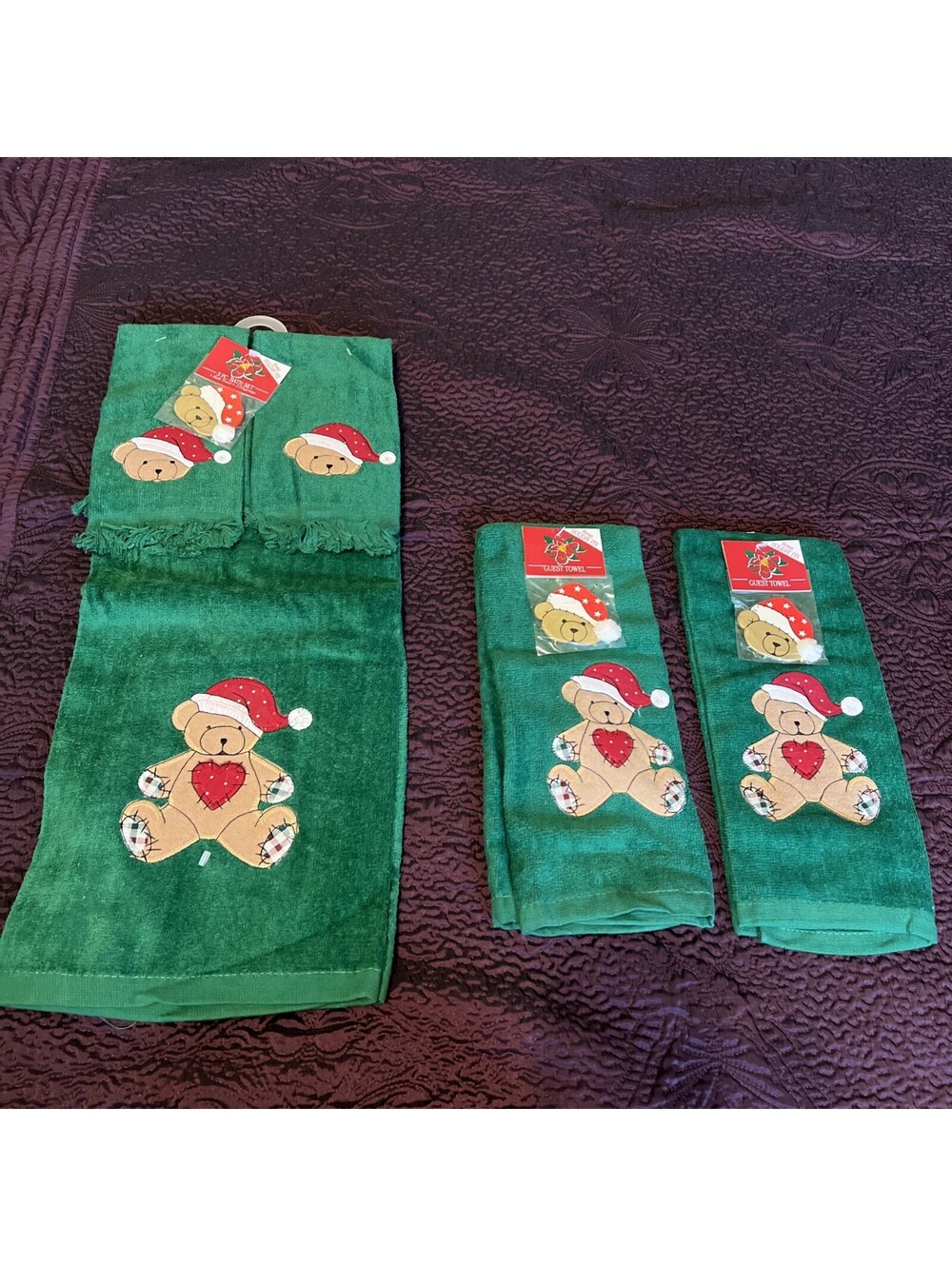5 Vintage Walmart Christmas Teddy Bear Bath Guest Towel Set green Holiday Pins